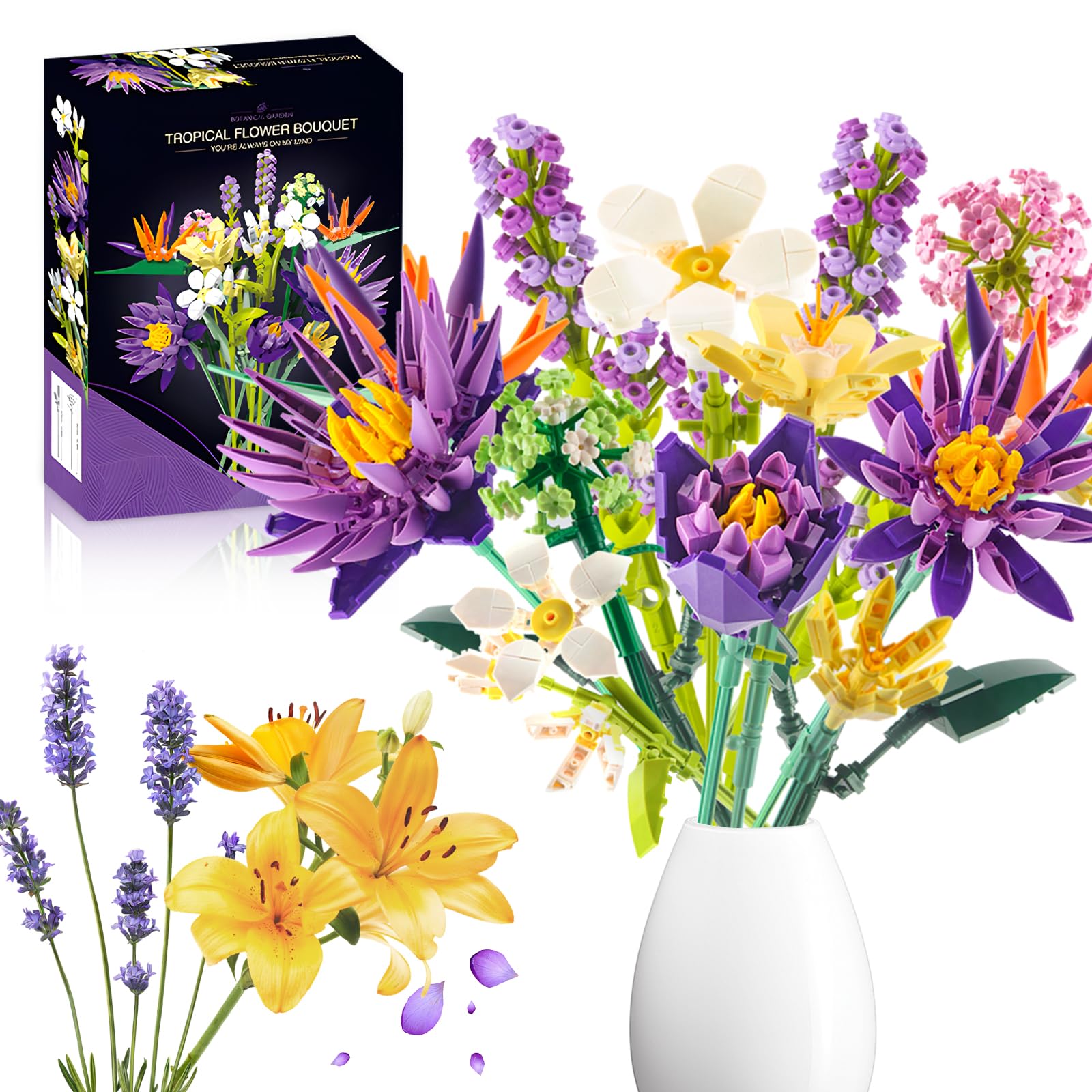 Flower Bouquet Building Blocks Set, 13 Artificial Botanical Collection Flowers Building Block Kits, Birds of Paradise Flower Bouquet Plant Collection Set Gift for Valentine's Day, Mother's Day 891pcs