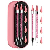 Rolybag Rhinestone Picker Tool, 2PCS Rhinestone Applicator Tool Dotting Wax Pen Dual-Ended with 4PCS Replaceable Wax Tips for DIY Nail Art Tool (Pink)