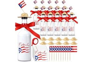 LemonRoad 10 Sets 11 oz Puerto Rico Plastic Bottle with Coquito Sticker Pava Straw Hat and Puerto Rico Toothpick Flag Party Supplies for Souvenirs Party Favors