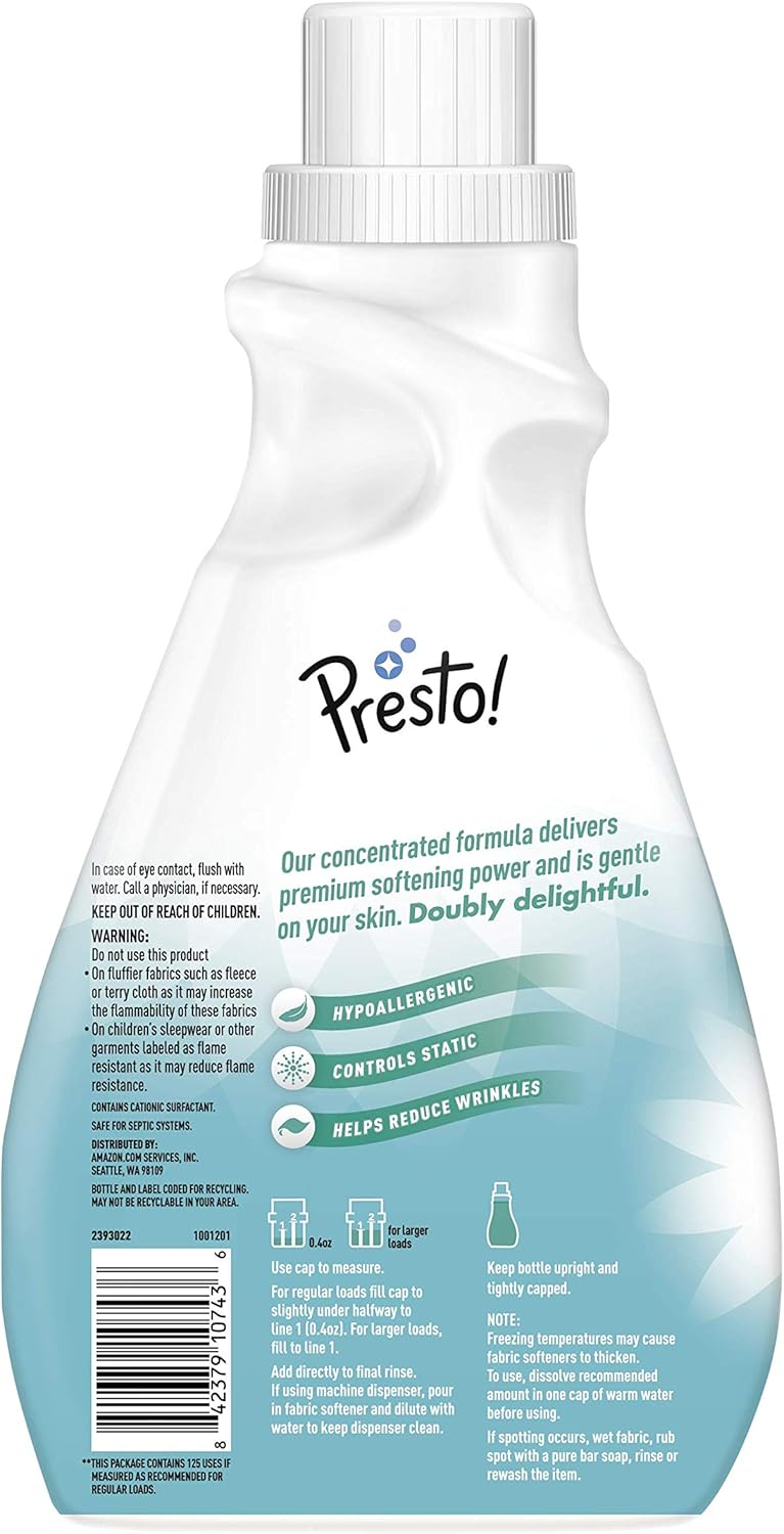  Brand - Presto! Concentrated Fabric Softener, Free & Clear, Hypoallergenic, Free of Perfumes Clear of Dyes, 250 Loads, 100 Fl Oz: Health & Personal Care