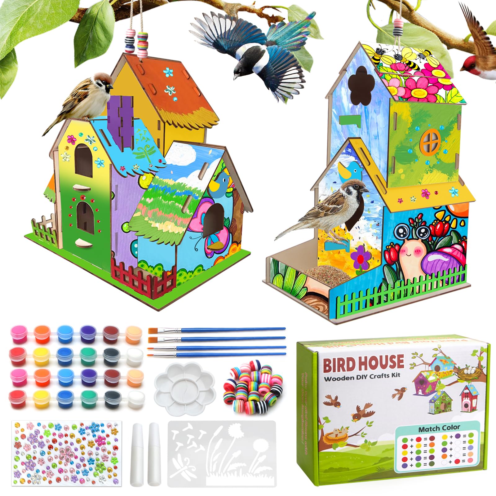 Col-Pary 2 Pack Bird House &, DIY Crafts for Kids Ages 4-8 8-12, Build & Paint Your Own Wooden House, DIY House Feeder Art Craft Projects, Children's Day Gift for Boy Girl