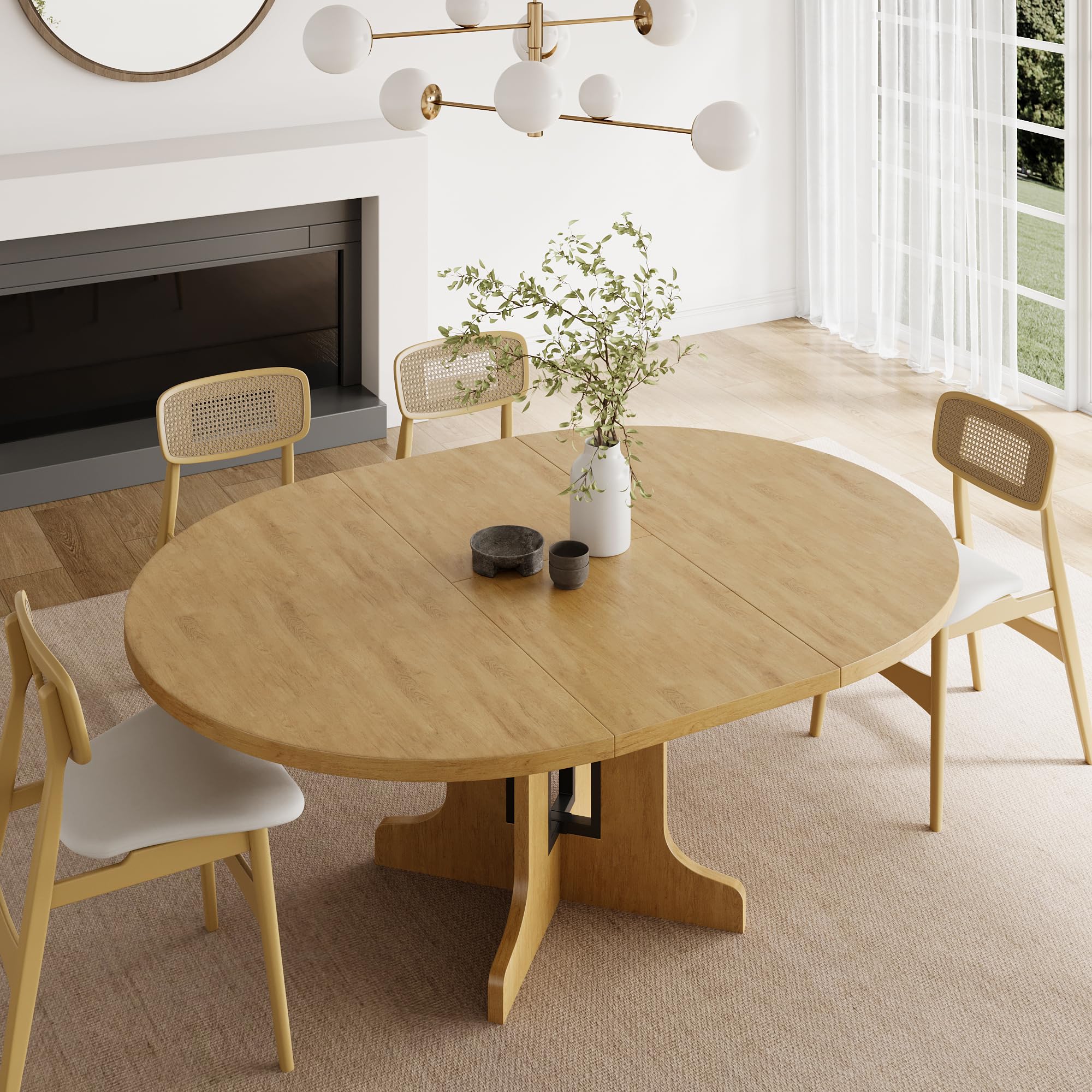 Photo 1 of Feonase 59" Round Extendable Dining Room Table for 6, Modern Oval Kitchen Table with Heavy Duty Wood Base, for Kitchen Dining Living Room, Easy Assembly, Noise-Free, Oak