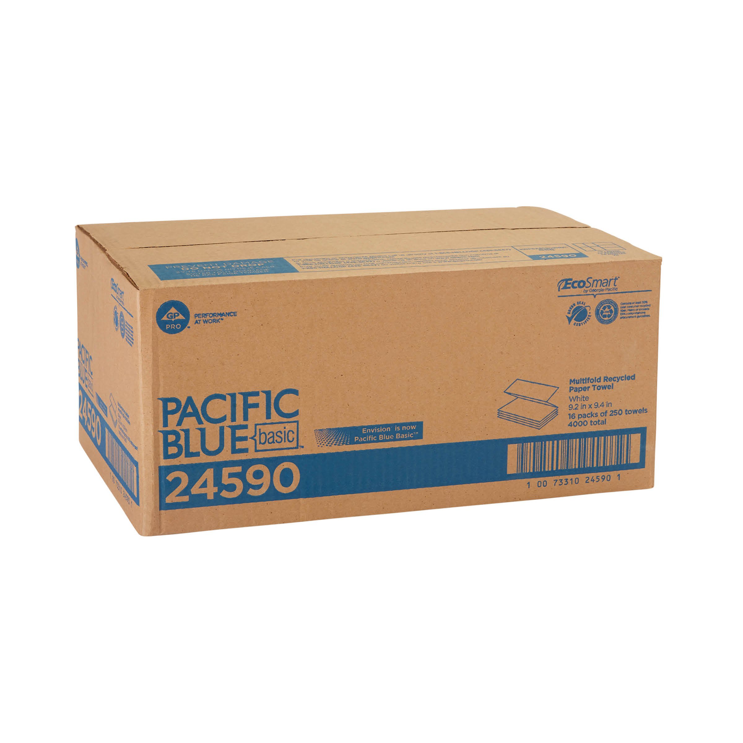 Pacific Blue Basic Recycled Multifold Paper Towel (Previously branded Envision) by GP PRO, White, 24590, 250 Towels Per Pack, 16 Packs Per Case