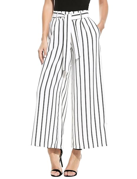 Beyove Damen Sommerhose lang Weite Hose gestreifte Hose Palazzo mit Eingrifftaschen Schlabberhose