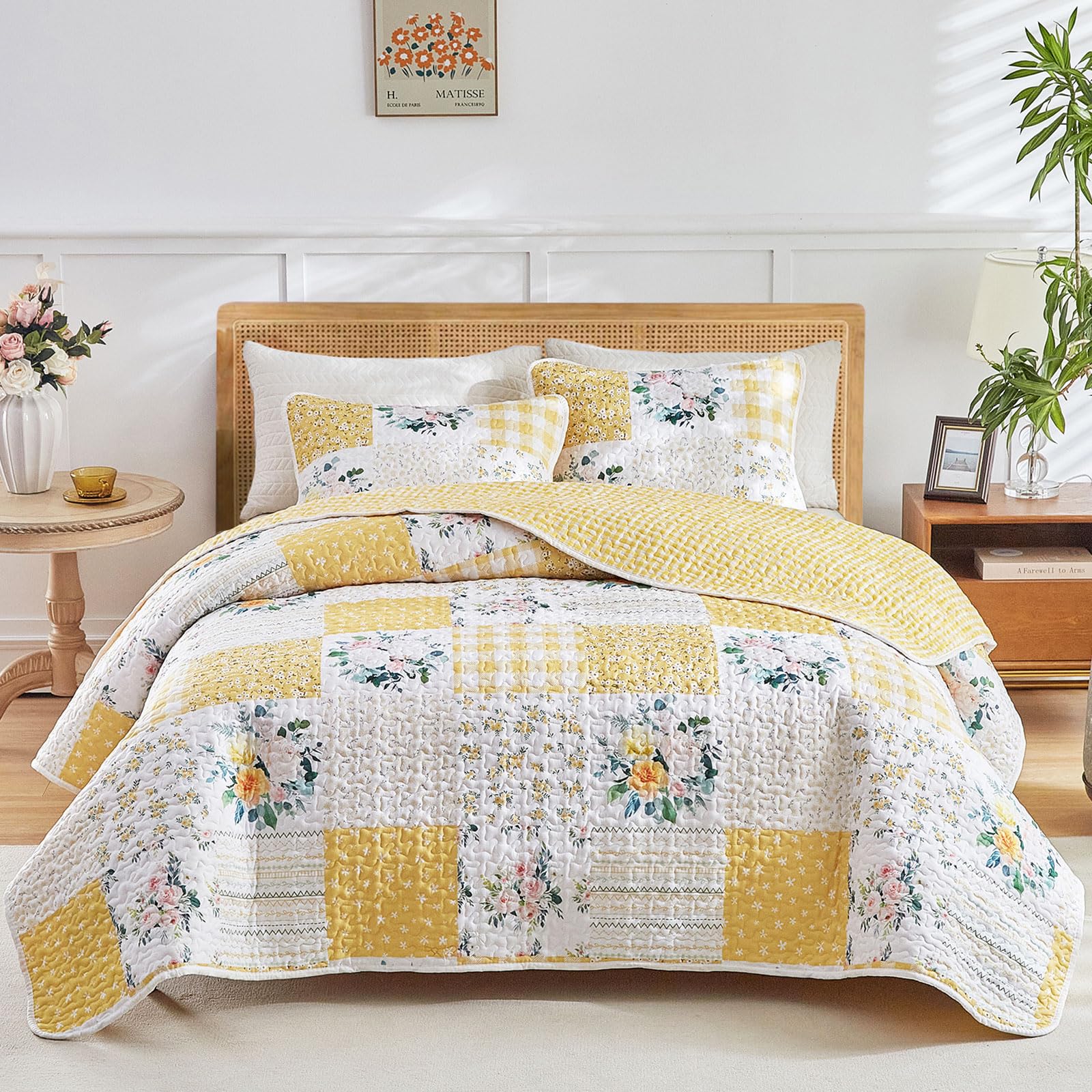 Photo 1 of Joyreap 2 Pieces Floral Patchwork Quilt Set Twin, Yellow n White Flowers Design, Soft n Cozy Microfiber Quilt, Bedspread Bed Cover for All Season, 1 Quilt and 1 Pillow Sham- 68x86 inches