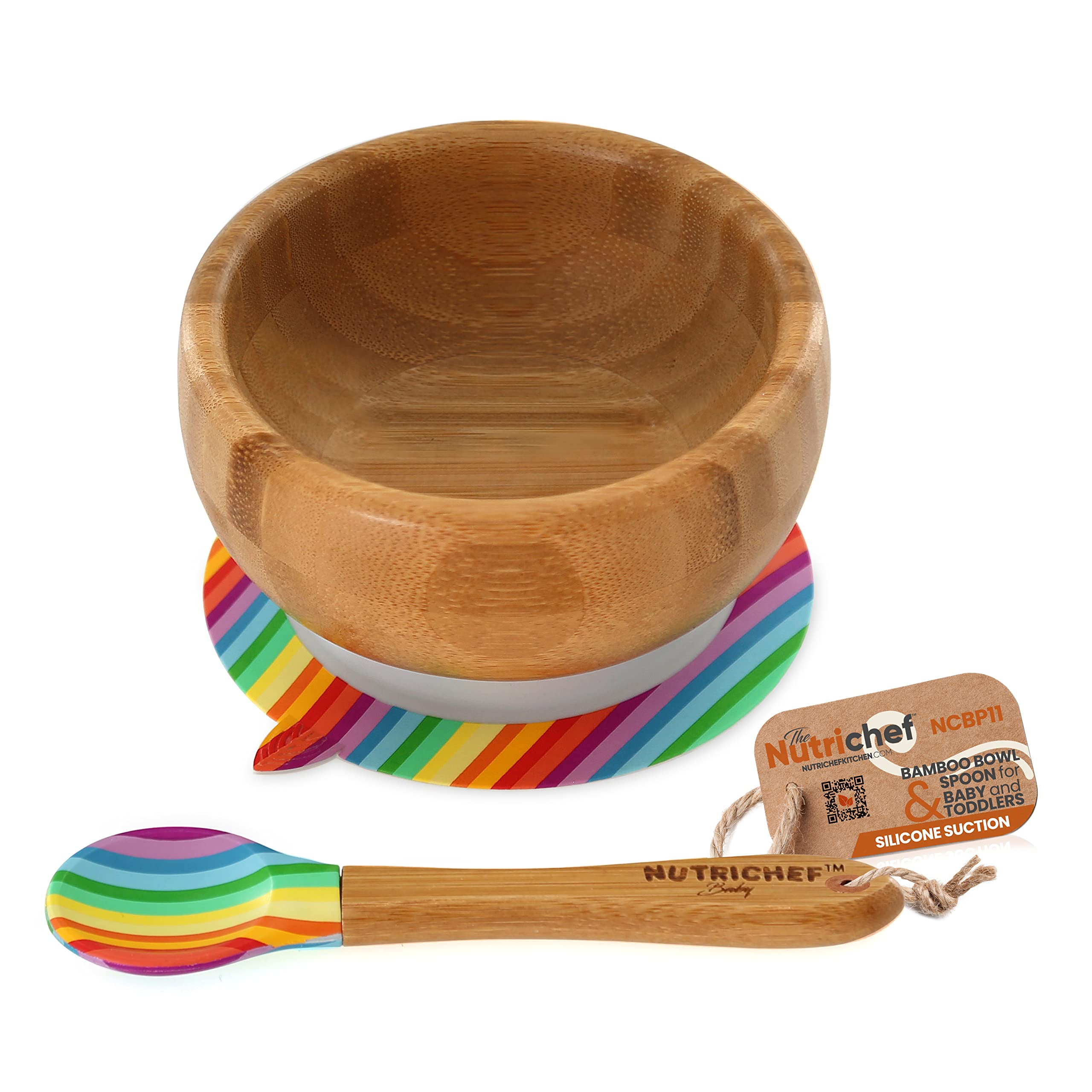 NutriChef Bamboo Baby Feeding Bowl - Wooden Infant Toddler Dish and Spoon Set w/Silicone Suction Base for Stay Put Eating, For Children Aged 4-72 Months (Stripe Bowl)