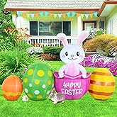 7FT Long Easter Inflatable Bunny Outdoor Decorations with Eggs, Build-in LED Lights Holiday Blow Up Yard Decoration, for Easter Holiday Party, Outdoor,Garden, Yard Lawn Décor