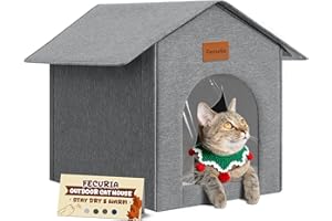 Fecuria Outdoor Cat House Weatherproof, Insulated Cat Houses for Outdoor/Indoor Cats for Winter, Waterproof Feral Stray Cat Shelter with Door Curtain and Warm Cushion, Easy to Assemble, Grey