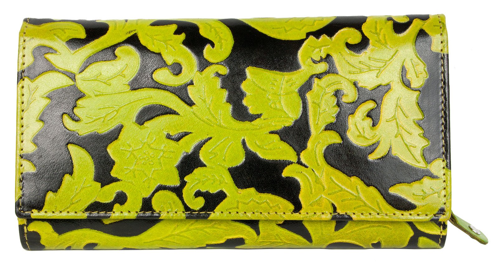 FLW Bright Light Green-Black Genuine Leather Wallet with Leaves Ornamental Stamping