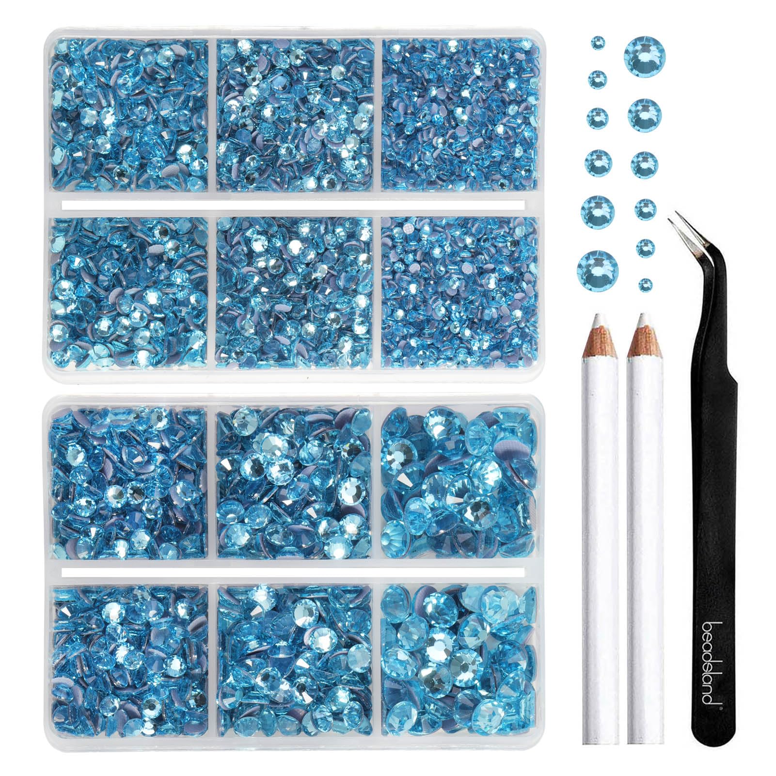 BEADSLAND Hotfix Rhinestones, 6080PCS Blue Rhinestones for Clothes Crafts Mixed 6 Sizes with Wax Pencil and Tweezers Kit, SS6-SS30, Aquamarine