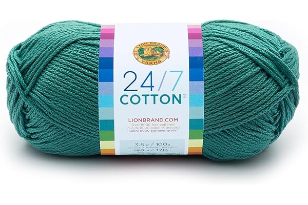 Lion Brand Yarn Lightweight 24/7 Cotton Yarn for Knitting, Crocheting, and Crafts, Jade, 1 Pack