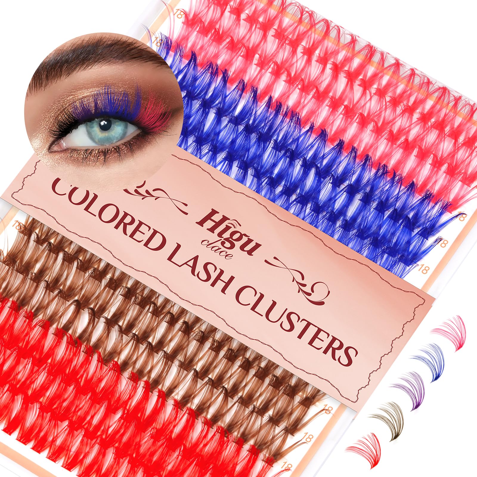 Higu clace Halloween Colored Cluster Lashes, 300pcs colorful lashes set, purple red blue brown pink Eyelashes 40D D Curl 18mm Individual Lashes, creative DIY at Home, Cosplay, Party (D curl 18mm) — image 1