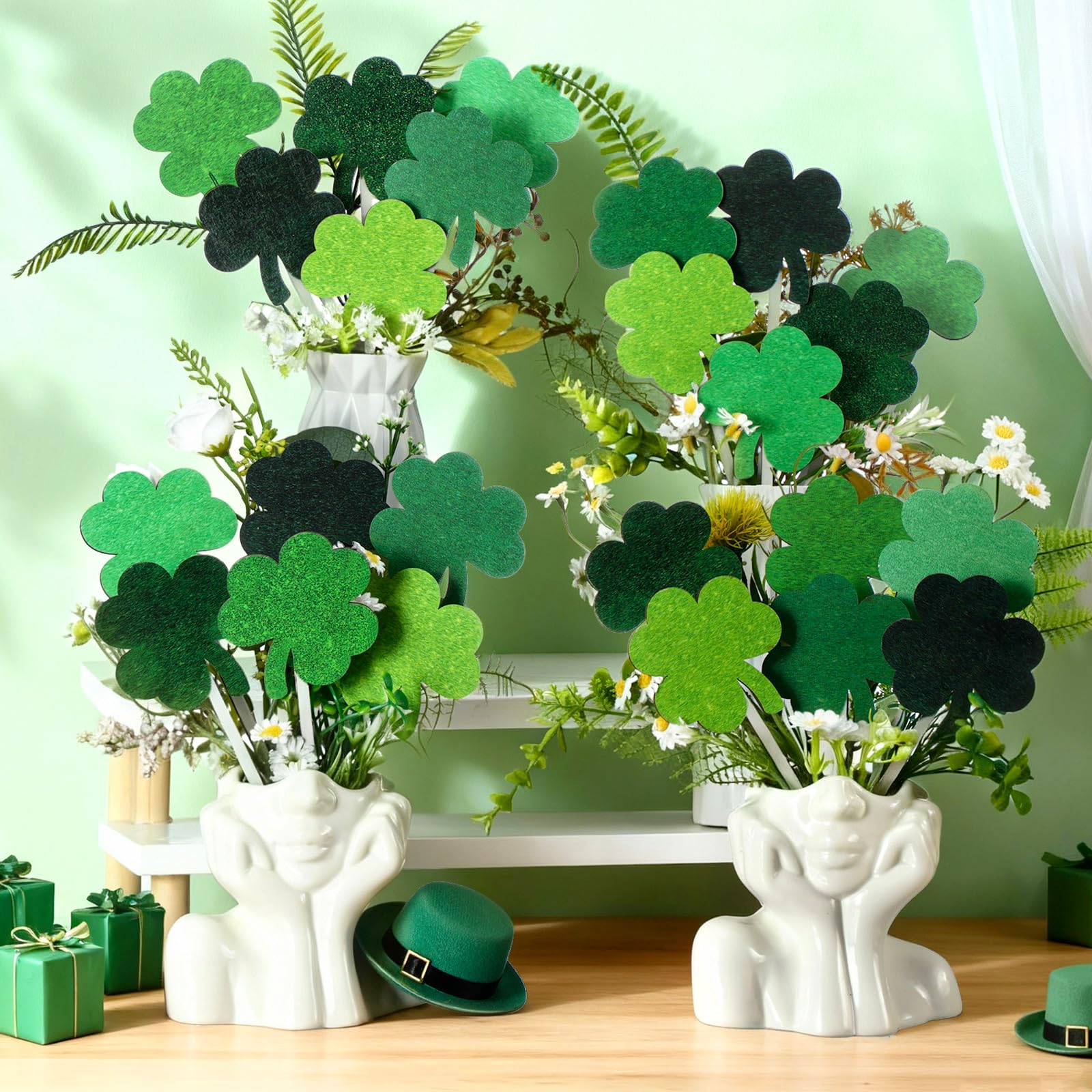Photo 1 of DoubleFill 24 Pcs St Patricks Day Decorations Wooden Shamrock Picks Sticks 8.27" Double Sided Lucky Decorative Branches Shamrock Vase Filler Table Centerpiece for Irish Party Home Decor(Bright)