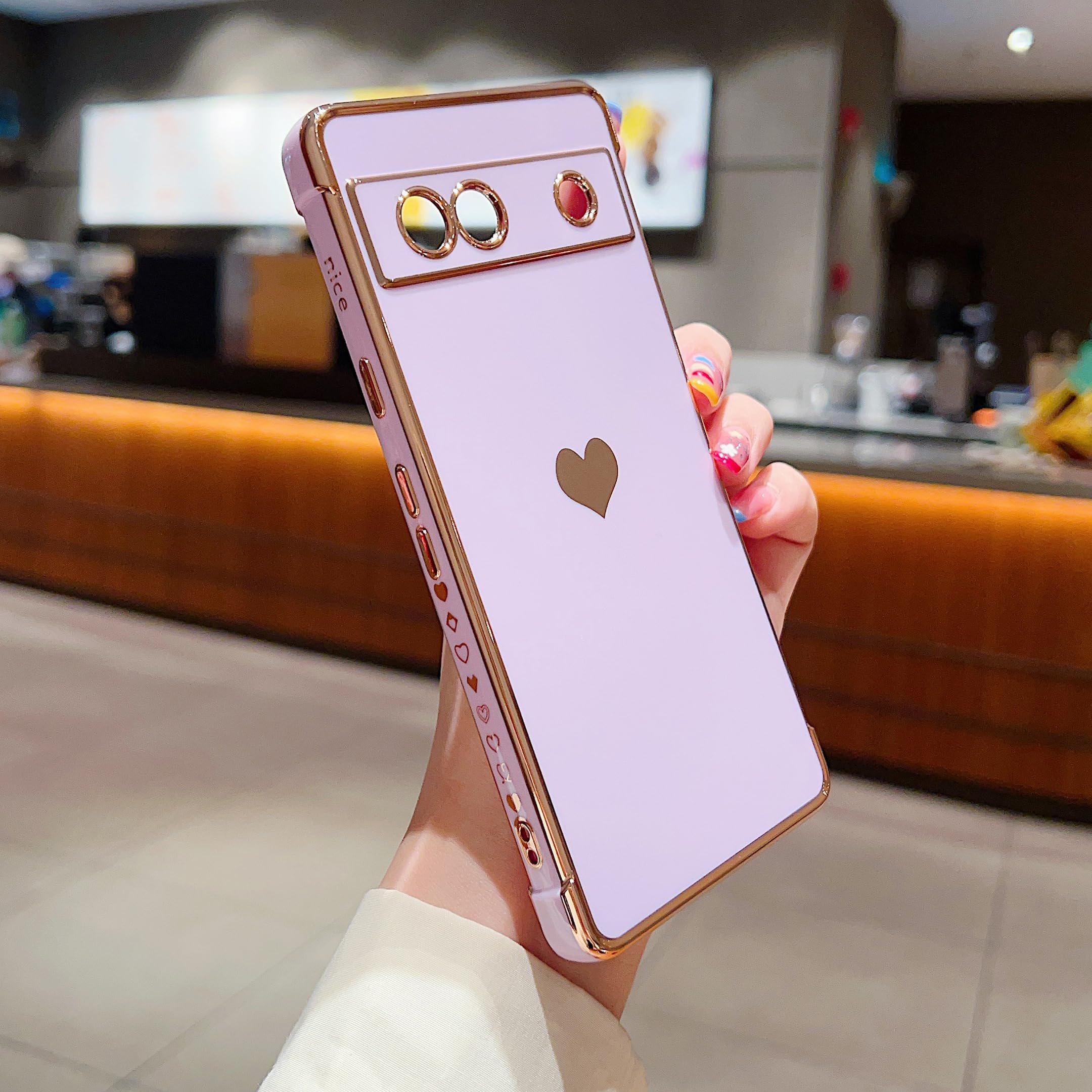 LSOUGUK Compatible with Google Pixel 7a Case,Love Heart Pattern Electroplated Design Soft TPU Shockproof Protective Phone Case Full Camera Lens Protection Cover for Google Pixel 7A-Purple