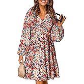 Dokotoo Spring Dresses for Women 2026 Boho Floral V Neck Long Sleeve Smocked Elastic Waist Casual A-Line Mini Dress Sundress