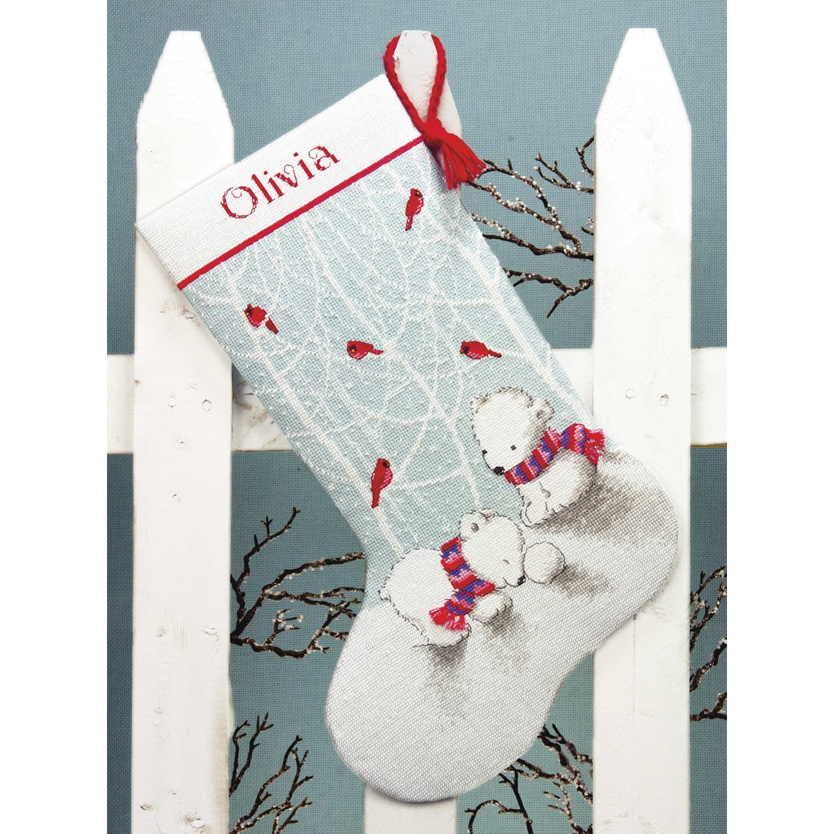 Dimensions Counted Cross Stitch 'Snow Bears' Personalized Christmas Stocking Kit, 14 Count Blue Aida Cloth, 16''