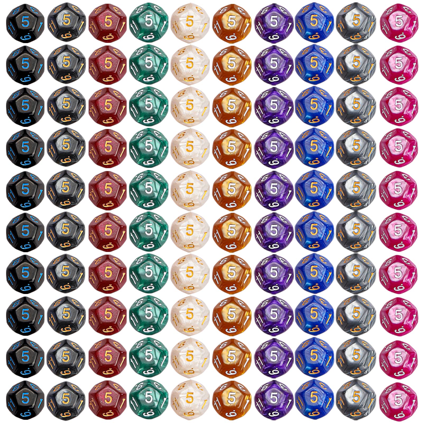 CiaraQ DND Polyhedral Dice (100pcs) with A Dice Bag Compatible with Dungeons and Dragons DND RPG MTG Role Playing Table Games (D12 dice, 10 colors-100 pcs)