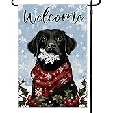 Welcome Winter Garden Flag Black Labrador Dog Small Flags for Outside, 12x18 Inch Snowflakes Double Sided Burlap Christmas Party Farmhouse Outdoor Yard Lawn Decoration