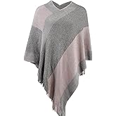 Women's Elegant Knitted Shawl Poncho with Fringed V-Neck Striped Sweater Pullover Cape Gifts for Women Mom