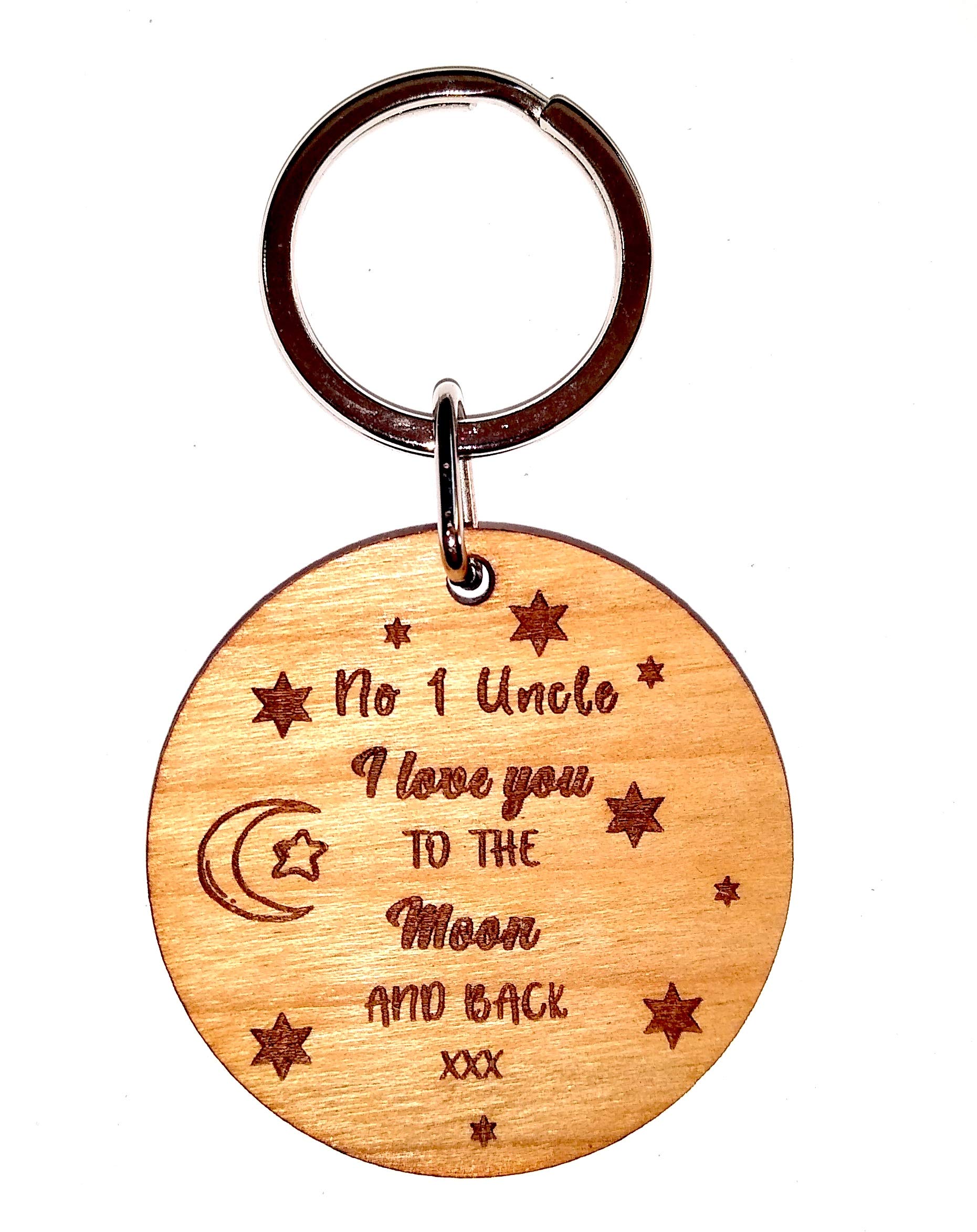 No 1 Uncle I Love You to The Moon and Back Round Solid Cherry Wooden Wood Keyring Key Ring