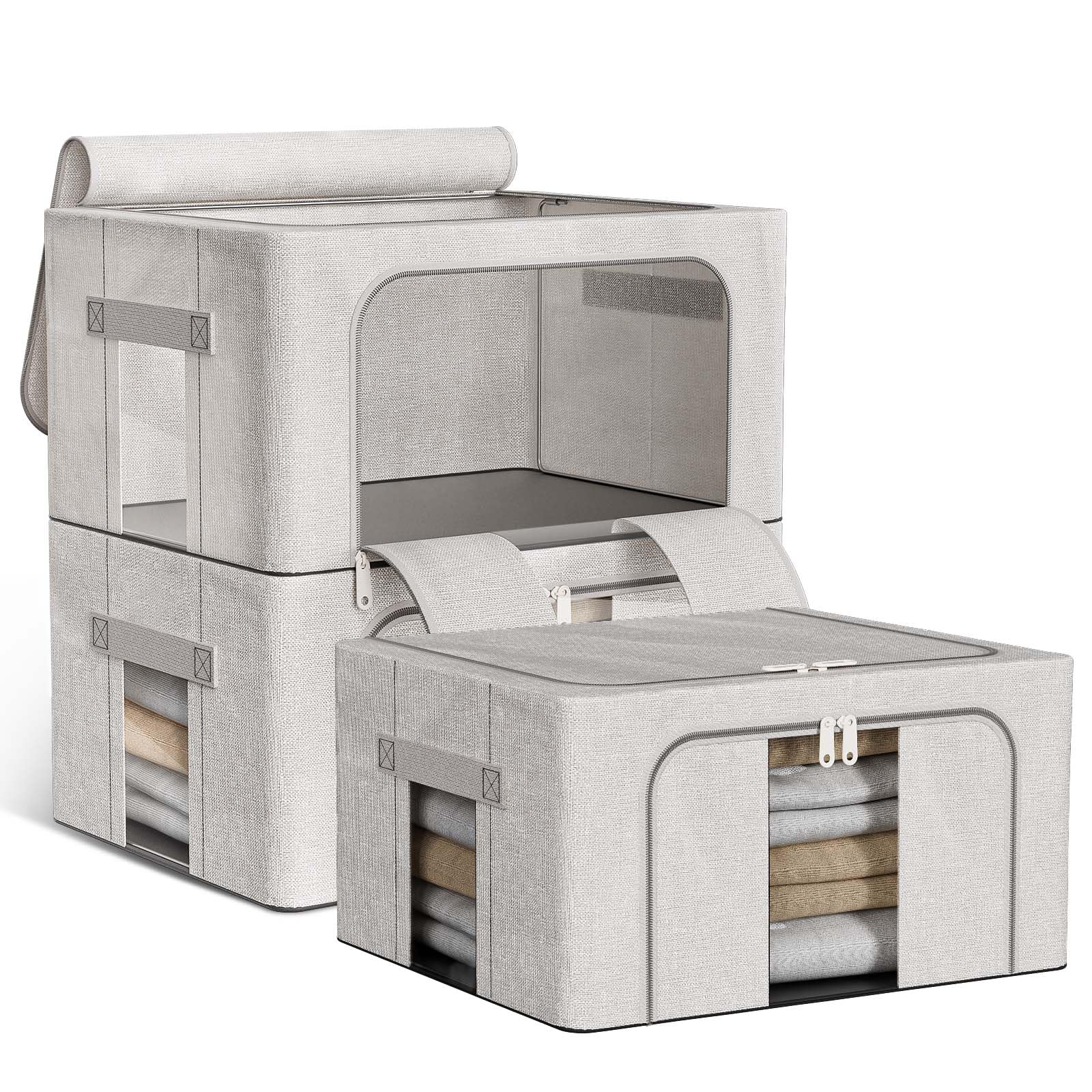 Boic 3 Pack Clothes Storage Boxes With Metal Frame, 100L Foldable Storage Boxes For Clothes, ClothesStorage Bag Organiser With Clear Windows For Towel Duvet Sweater Bedding (Grey)