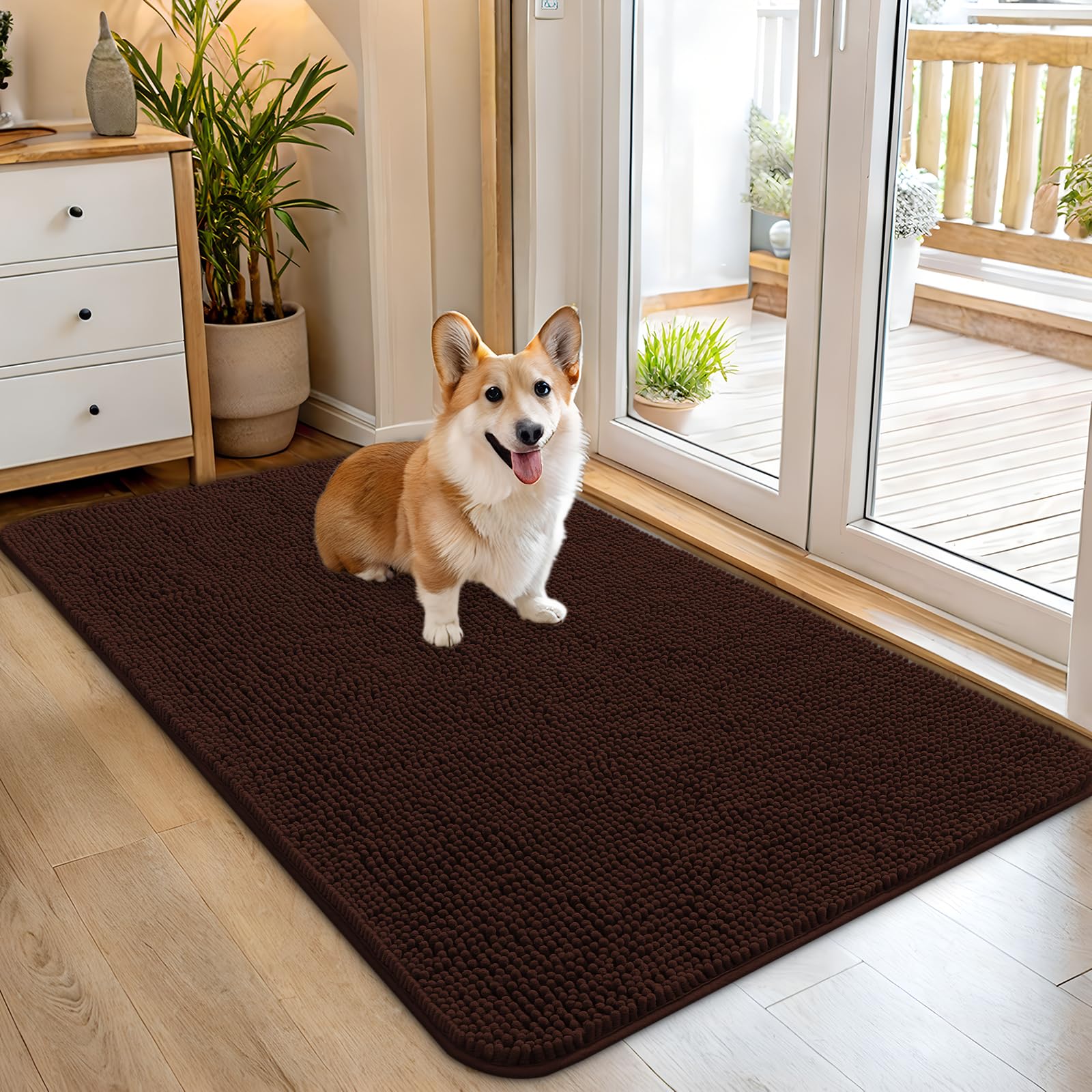 Photo 1 of OLANLY Dog Door Mat for Muddy Paws 45x27, Absorbs Moisture and Dirt, Absorbent Non-Slip Washable Doormat, Quick Dry Chenille Mud Mat for Dogs, Entry Indoor Entryway Carpet for Inside Floor, Brown