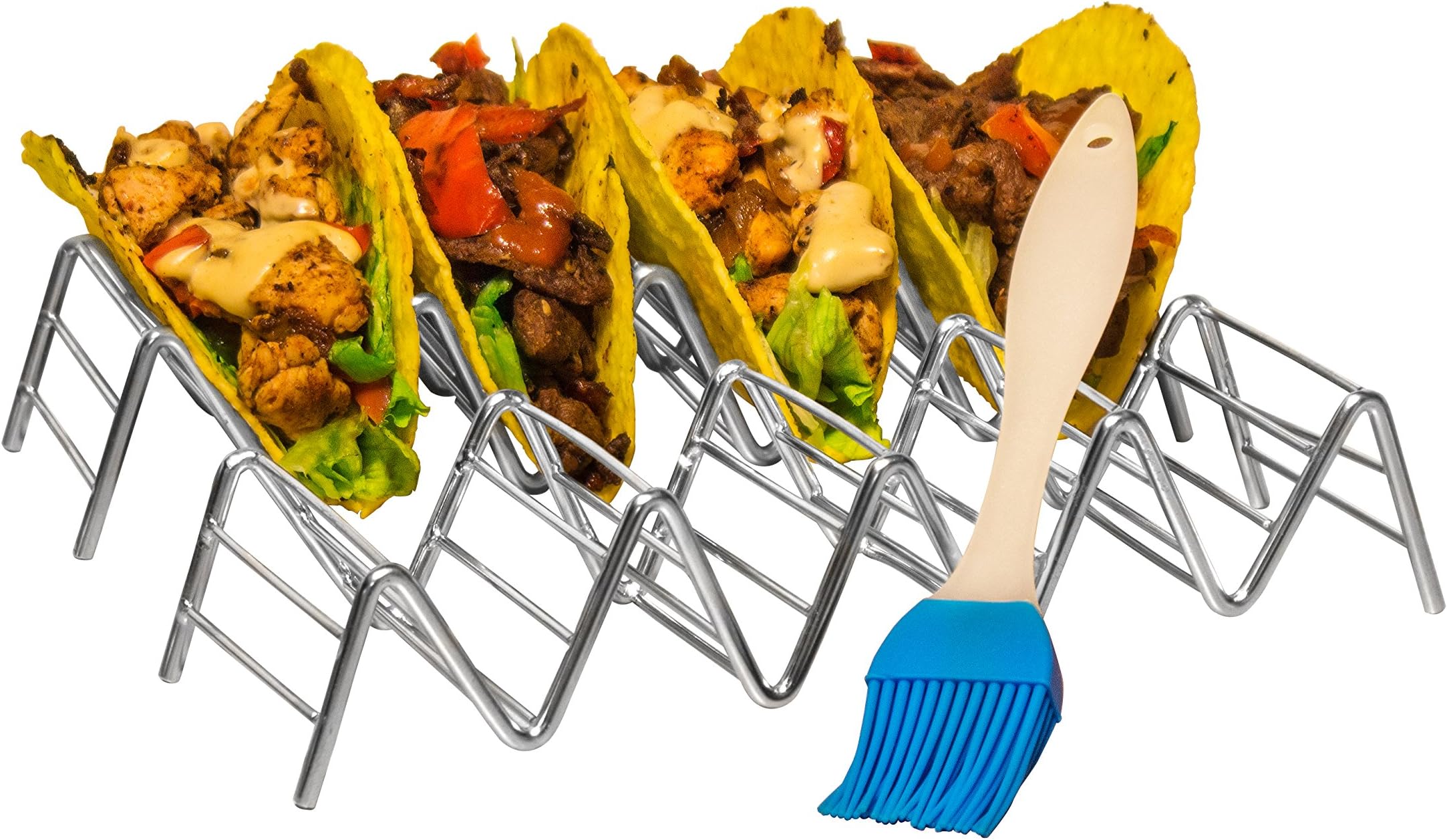 Set Of 2 Stainless Steel Taco Holder by Prod King: Mexican Food Taco Rack Shells Hold 4 or 5 Tacos | Non-Slip & Dishwasher Taco Rack | Bonus: 1 Bonus Silicone Pastry Brush