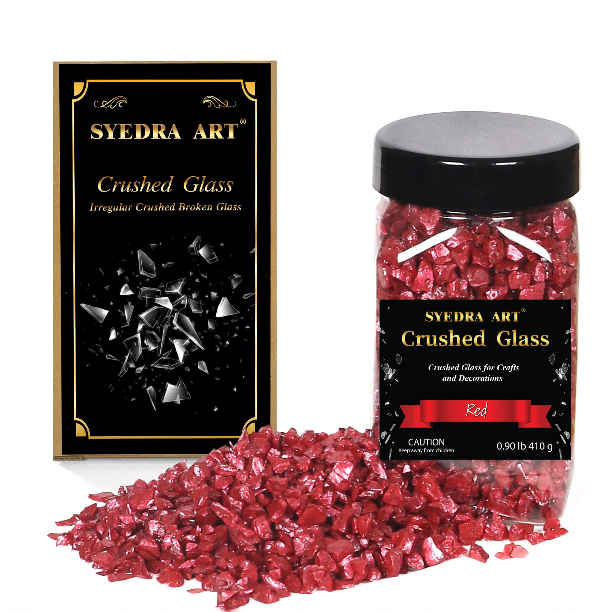 Syedra Art Crushed Glass for Crafts, Metallic Chips, Crystal Broken Glass, Resin Art, Painting, Home Vase Garden Decoration 3-6mm 410G Jar (Red)