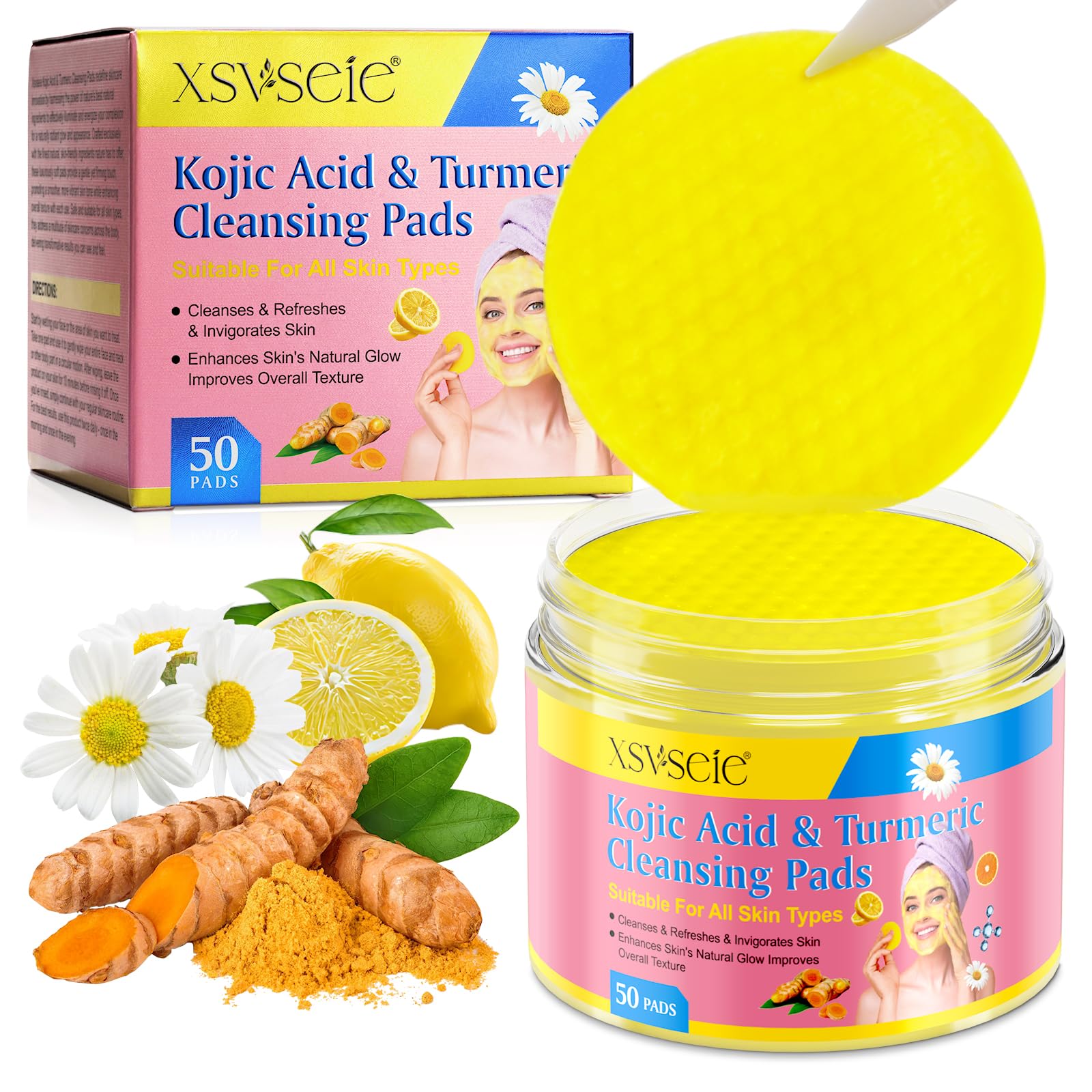 Kojic Acid & Turmeric Pads - 50pcs Facial Sponges for Cleansing, Fade Acne, Dark Spots & Hyperpigmentation