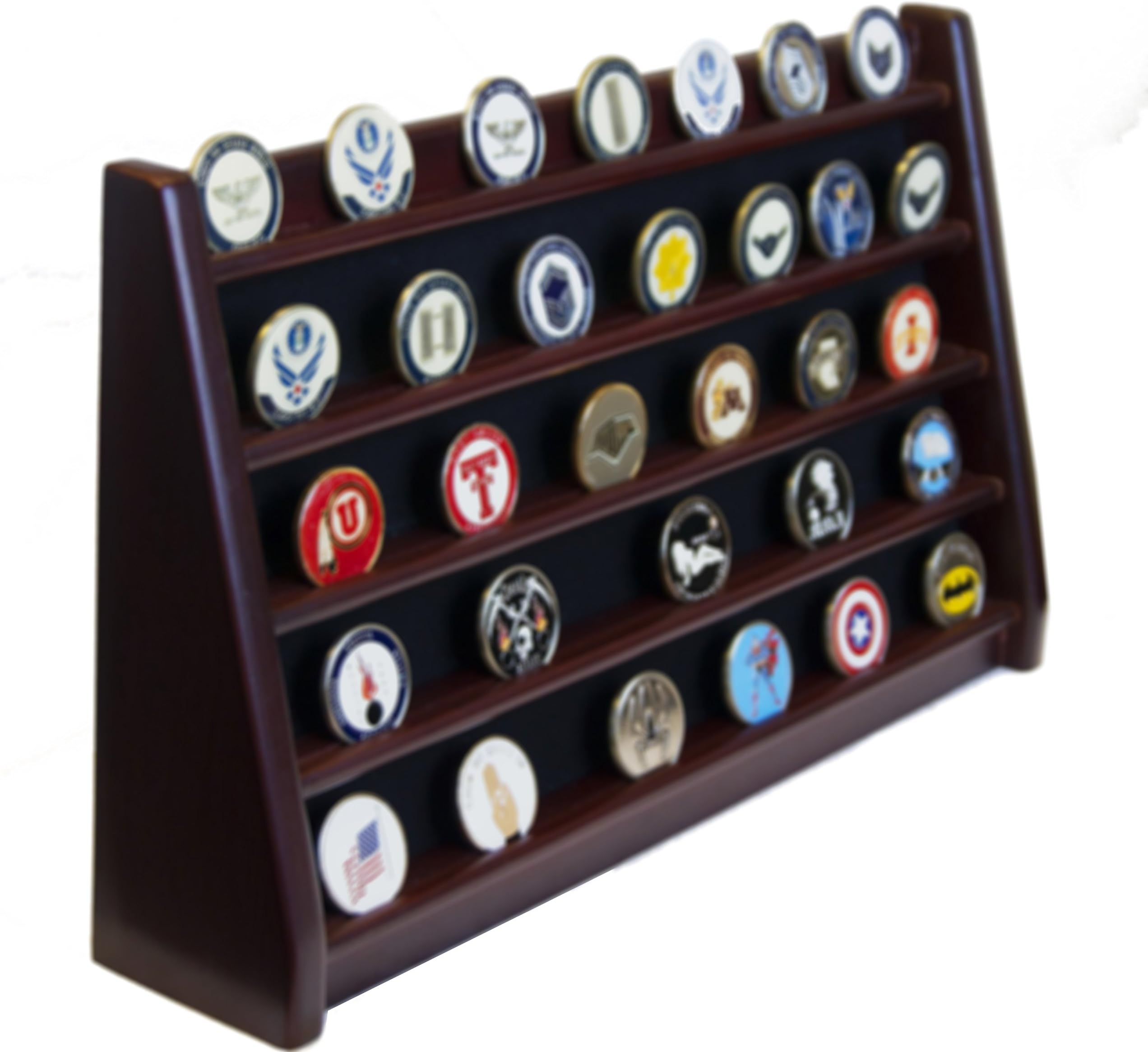 DECOMIL - 5 Rows Shelf Challenge Coin Holder Display Casino Chips Holder Solid Wood - Cherry Finish