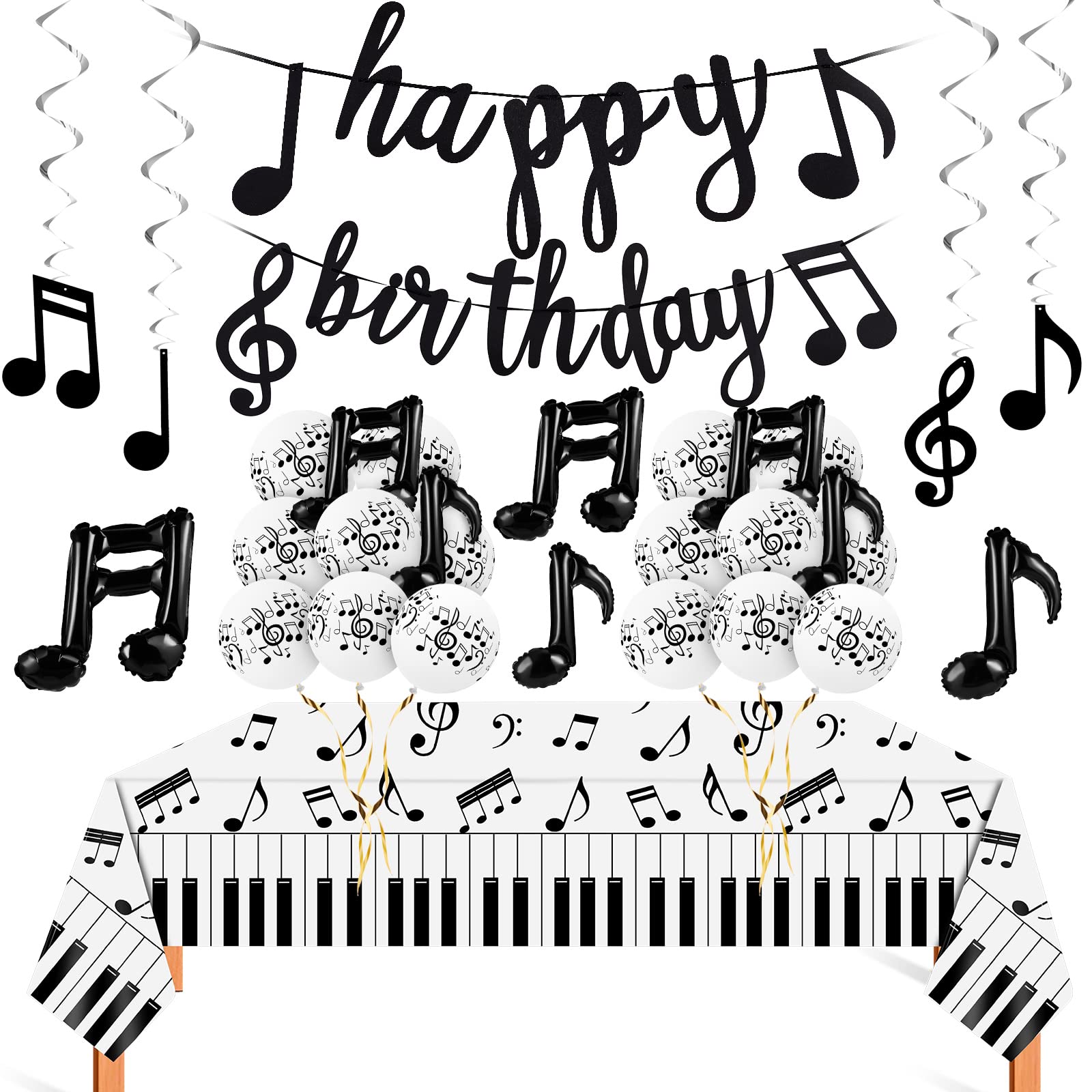 Photo 1 of Civaner 40 Pieces Music Theme Party Decorations Set Include Music Latex Foil Balloons Note Hanging Swirls Happy Birthday Banner and Disposable Note Tablecloth for Birthday Wedding Party Supplies