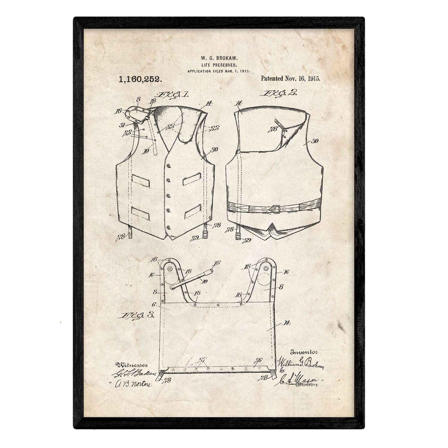 Nacnic Poster with patent Lifejacket 1. Foil with old design patent in A3 size and vintage background