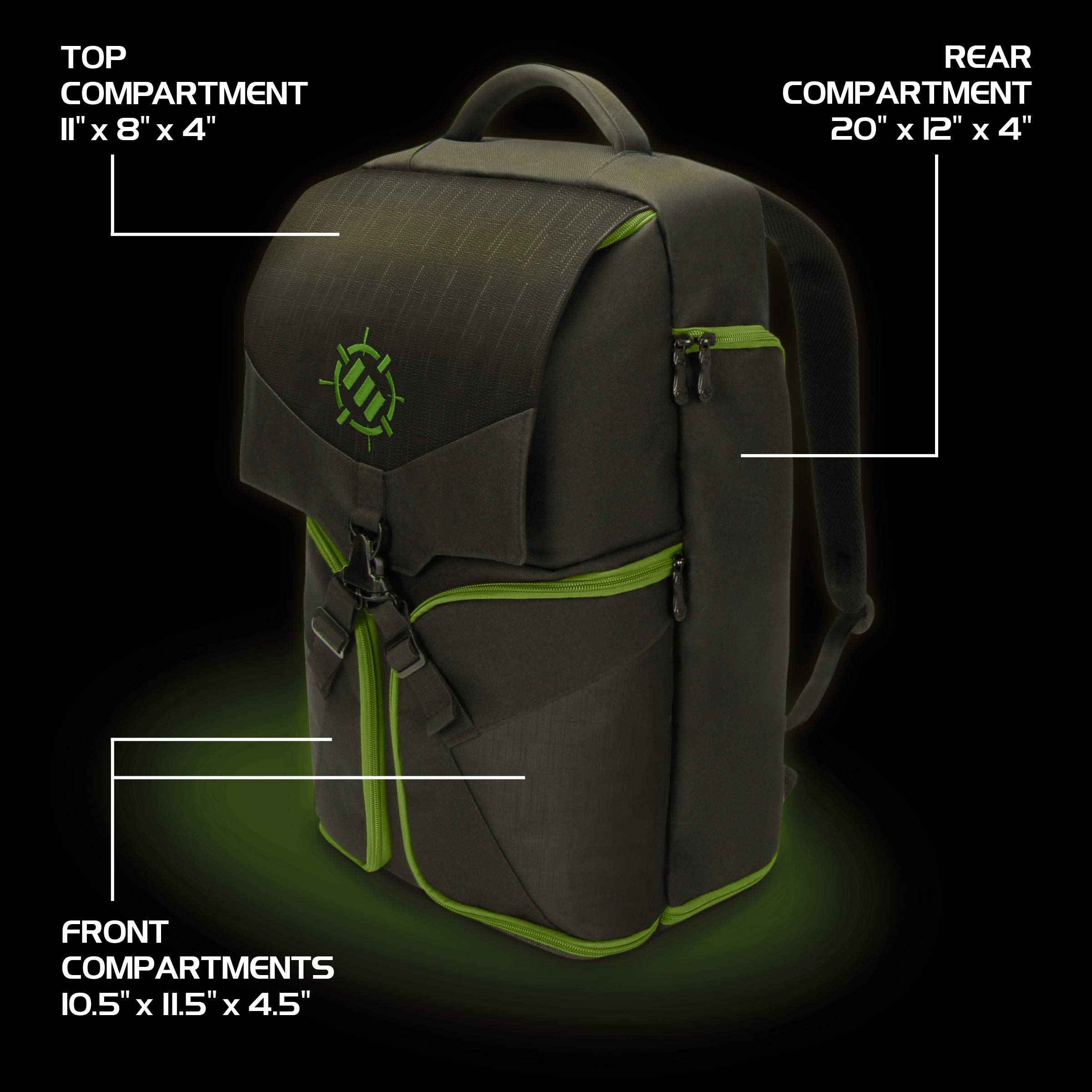 ENHANCE Xbox Backpack - Xbox Carrying Case Compatible with Series S, One X, One S - Storage Compartments for Controllers, Gaming Headset, Games & More Gaming Accessories - Green