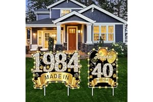 PUYRUIV 2Pcs Black Gold 40th Birthday Yard Sign Decoration with String Lights for Men Women,Happy 40th Birthday Made in 1984 Lawn Sign Party Supplies, Forty Year Old Birthday Lights Yard Decor Stakes