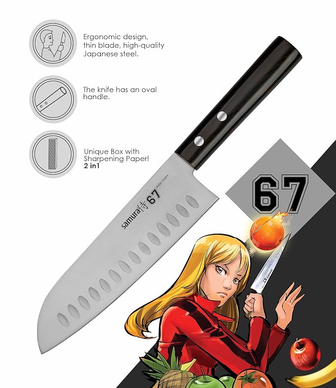 SAMURA 67 Profi Santokumesser Ultra-scharf, groß, aus japanisch AUS 8 Edelstahl, 18 cm Klinge, mit Handgriff, oval, Küchenmes
