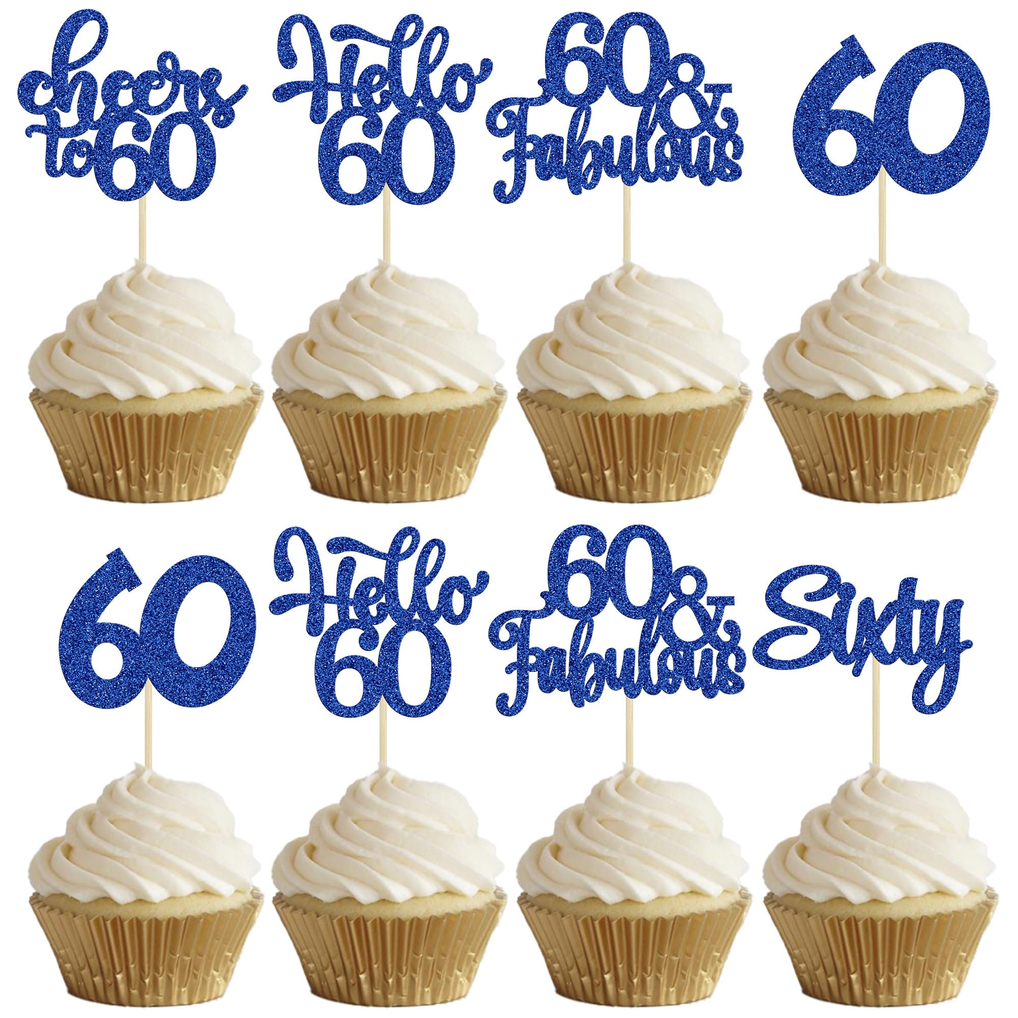 30pcs Happy 60th Birthday Cupcake Toppers - Deep Blue Glitter Sixty Cake Toppers - Cheers to 60 Years Old Cupcake Picks for Anniversary Party Cake Decorations