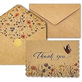 AZAZA Floral Thank You Cards with Envelopes 24 PK, Wedding Cards Unique Floral Design, 4x6 Wildflower Thank You Notes for Baby Shower, Bridal Shower, Sympathy (Kraft Butterfly)