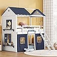 Harper & Bright Designs House Twin Loft Bunk Bed with Tent,Kids Twin Loft Bed with Ladders,Guardrail,Windows & Roof, Wood Twin Over Twin Playhouse Bunk Bed for Kids Teens Boys & Girls (Blue & White)