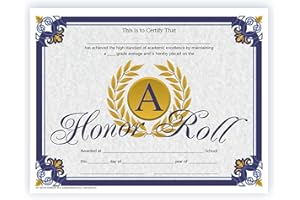 Hayes "A" Honor Roll Certificate, Academic Achievement Awards for Students, High Honors, Straight A's, Full-Color Glossy Finish, 8.5" x 11" - 30 Pack