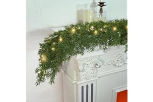 MSMUH Realistic Christmas Garland With 8 Lighting Modes 6FT Real Touch Lush Artificial Cypress Garlands Prelit Garlands for Stairs Railing Fireplace Table Christmas Decorations Indoor Holiday Decor Greenery