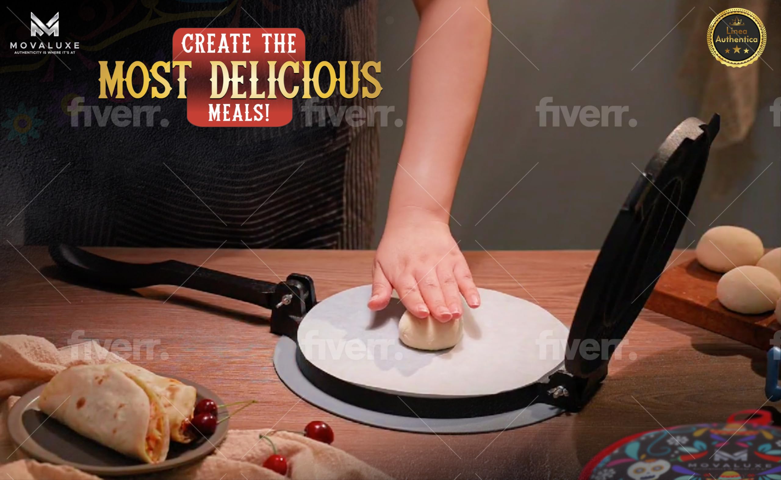 MOVALUXE® - Tortilla Press 12 inch Cast Iron Tortillas Maker. A Gift Set with a Warmer Pouch, 6 Taco Holders, Parchment Paper, Rubber Mat and Recipe E-book. The Perfect Roti, Chapati Dough Press