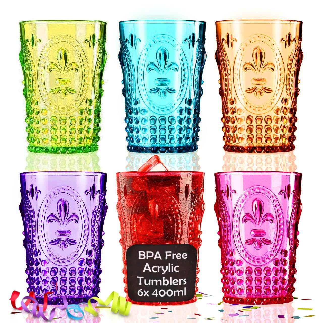 Muldale Plastic Tumblers for Adults - BPA Free 400ml Acrylic Highball Drinking Glasses Set of 6 - Multi Coloured Reusable Summer Picnic Wine Glasses