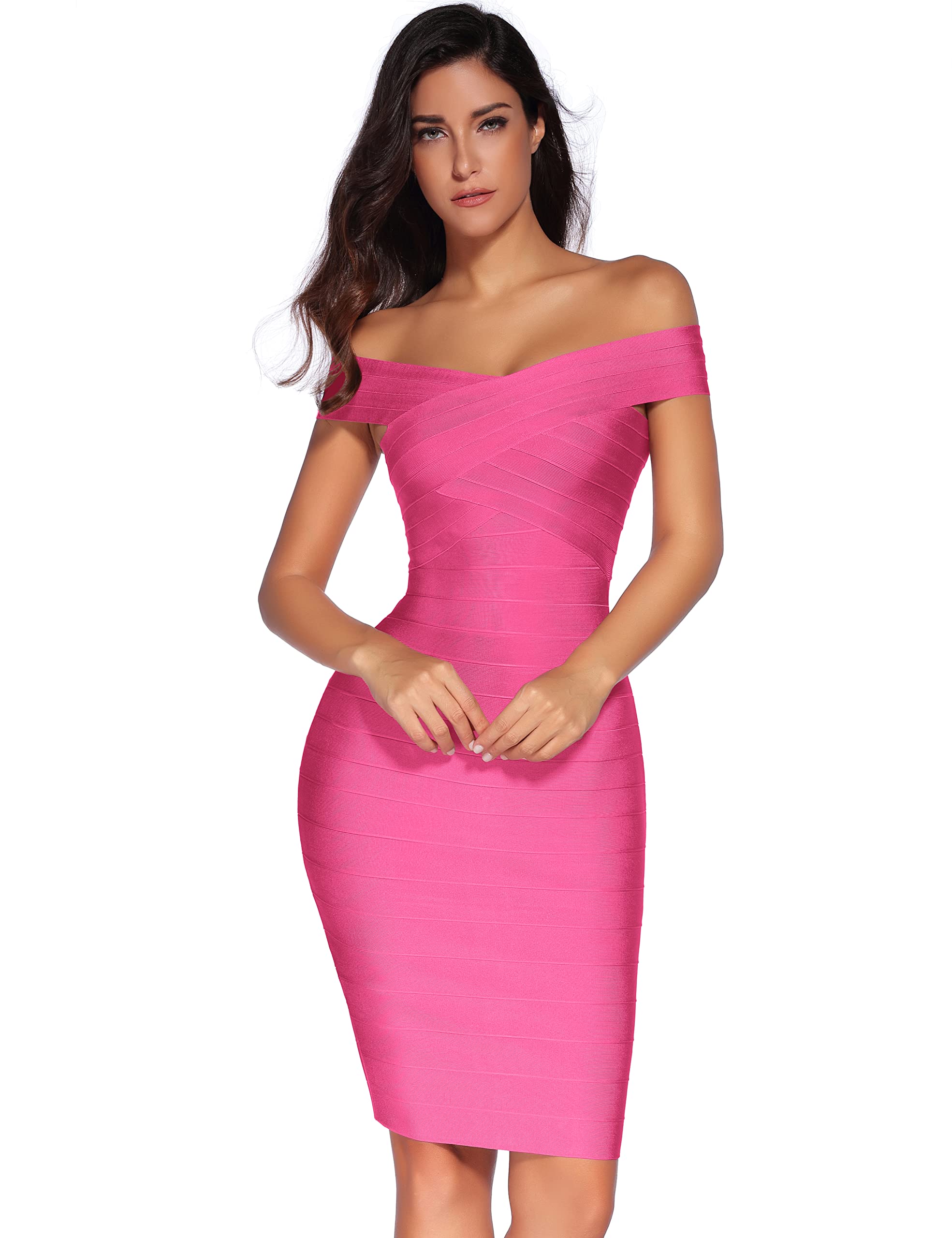 Photo 1 of meilun Women's Rayon Off Shoulder Bandage Bodycon Party Dress(Rose,M)
