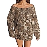 MISSACTIVER Camo Sweatshirt for Women Oversized Fleece Off Shoulder Long Sleeve Maple Leaf Print Pullover Sweater Tops