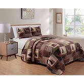 Rugs 4 Less Rustic Western Lodge Quilted Plaid Reversible Bedspread Set with Wildlife Imagery of Grizzly Bear Elk Buck and Pine Trees in Dark Brown - Alpine Trail (King/Cal-King)