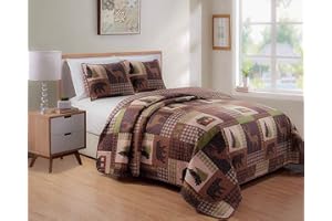 RUGS 4 LESS Rustic Western Lodge Quilted Plaid Reversible Bedspread Set with Wildlife Imagery of Grizzly Bear Elk Buck and Pine Trees in Dark Brown - Alpine Trail (Full/Queen)
