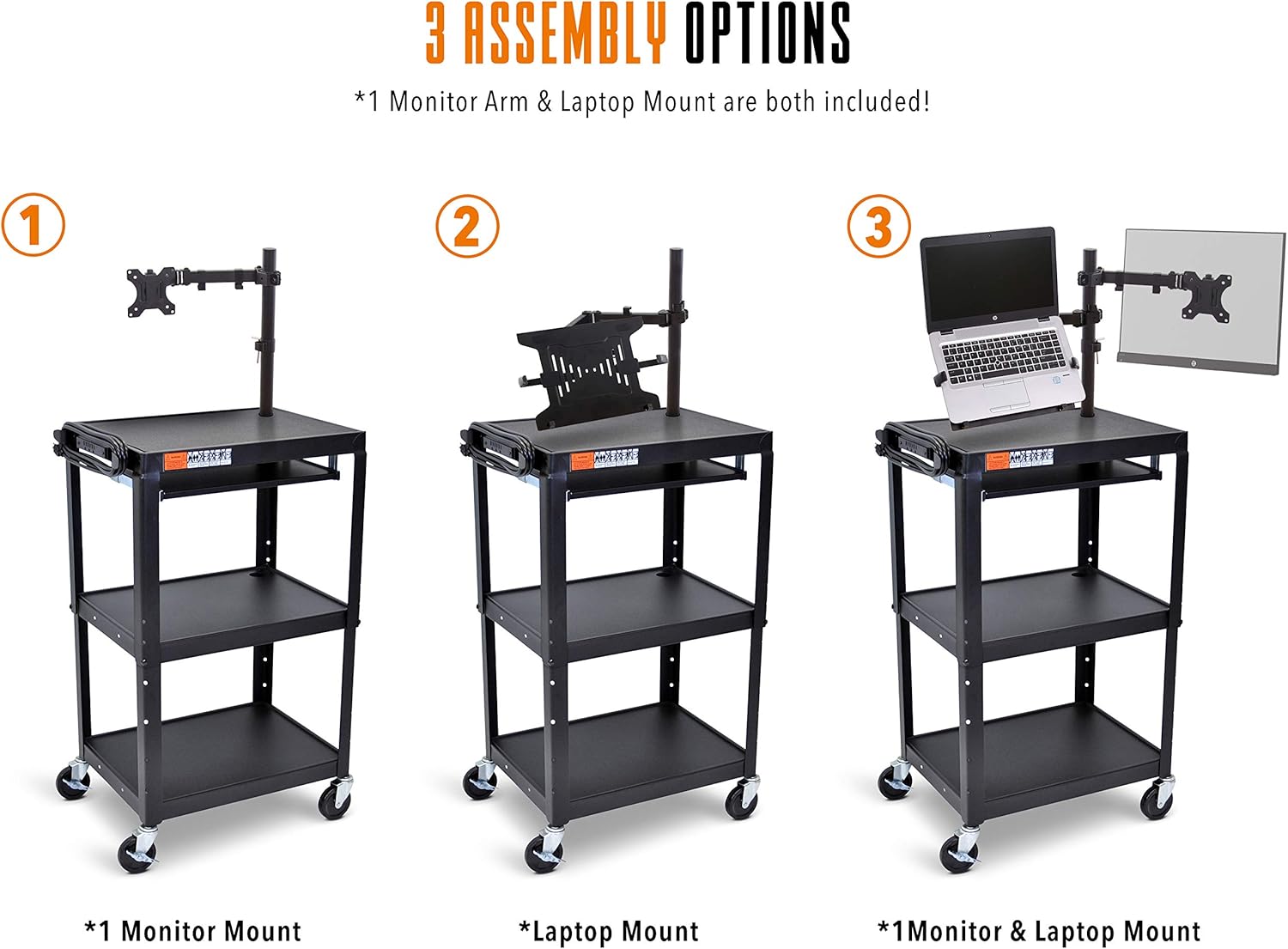Line Leader AV Cart with Keyboard Tray and Monitor Mount - Mobile Workstation/Presentation Cart with Monitor Arm - Take Your Office On-The-Go with Our Stand Up Computer Cart (Black / 24 x 18) : Office Products