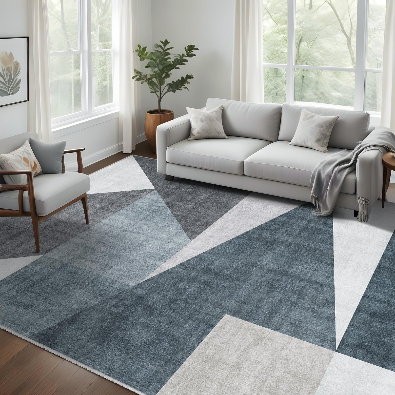 Photo 1 of Puino Washable Modern Area Rug: Large 8x10 Geometric Area Rugs for Living Room & Bedroom with Non-Slip Backing Modern Geometric Carpet for Living Room Blue Grey 8'x10'.