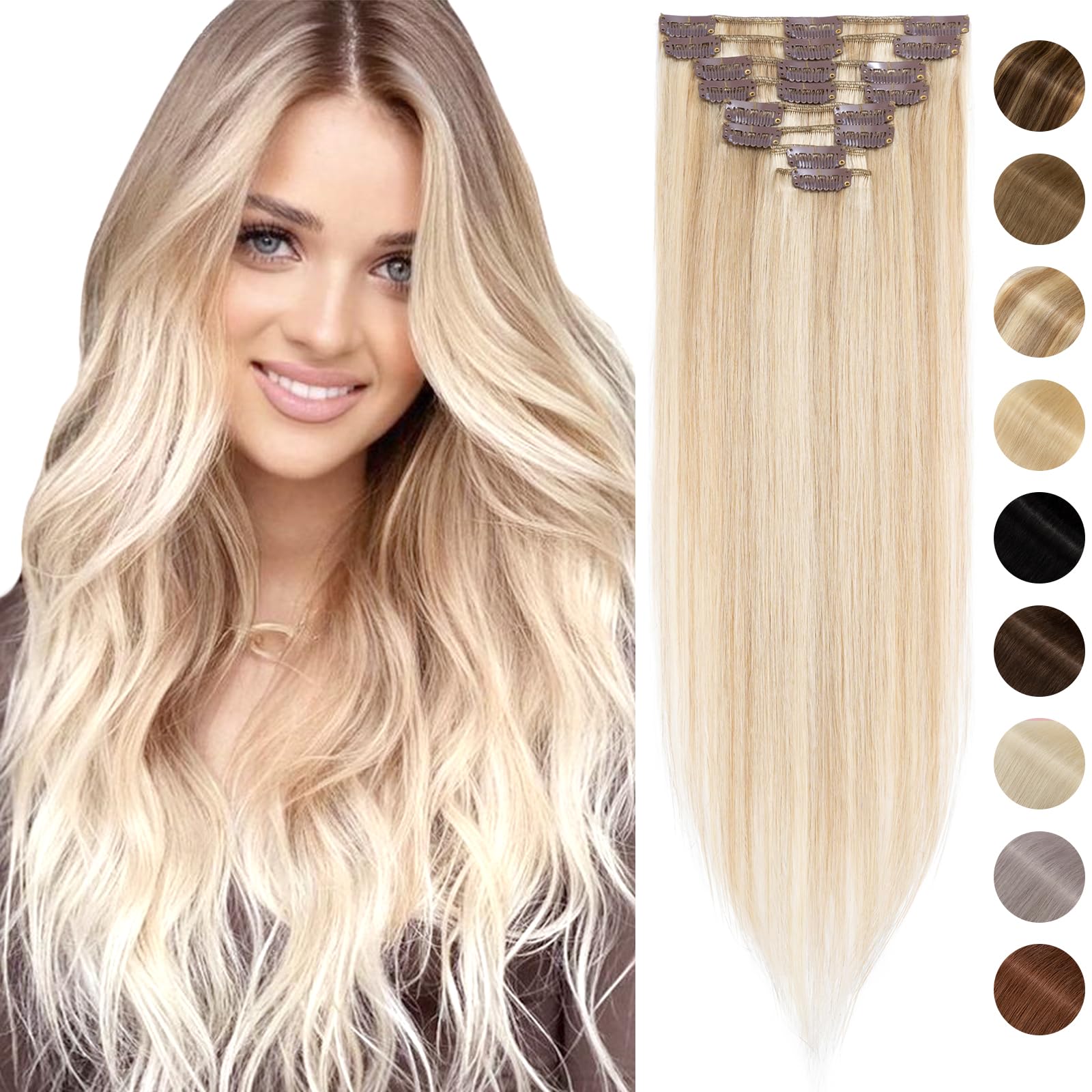 Silk-co Real Hair Extensions Hair Extensions Clip in Human Hair Highlighted (10"-50g, #18/613 Ash Blonde&Bleach Blonde) 8pieces Straight -Basic Thickness-Thin Weft- Remy Hair Extensions — image 1