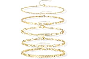 Gokeey Ankle Bracelets for Women, 14k Gold Plated Jewelry Set Waterproof Layered Cuban Figaro Link Chain Anklets Set Gold Anklets Summer Boho Beach Jewelry Gift Adjustable Size